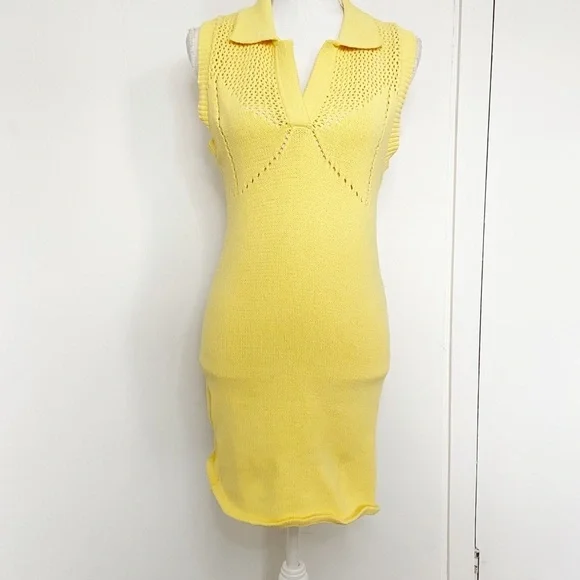 Zara yellow knit sleeveless sweater dress collared open back large - Picture 2 of 7